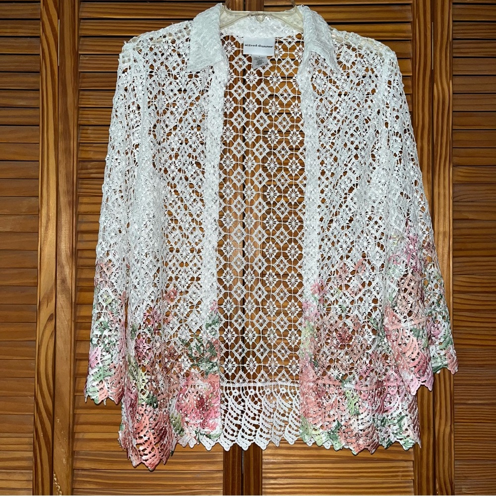 Alfred Dunner Floral Lace Crochet Lightweight Open Lace Cardigan Size Small